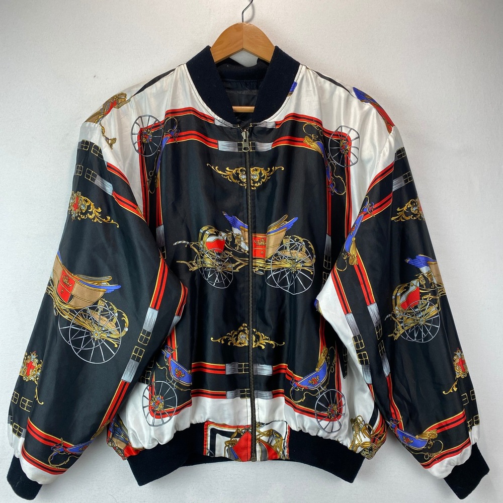 VTG Y2K Equestrian Scarf Print Bomber Jacket Mens XL Black Satin Zip